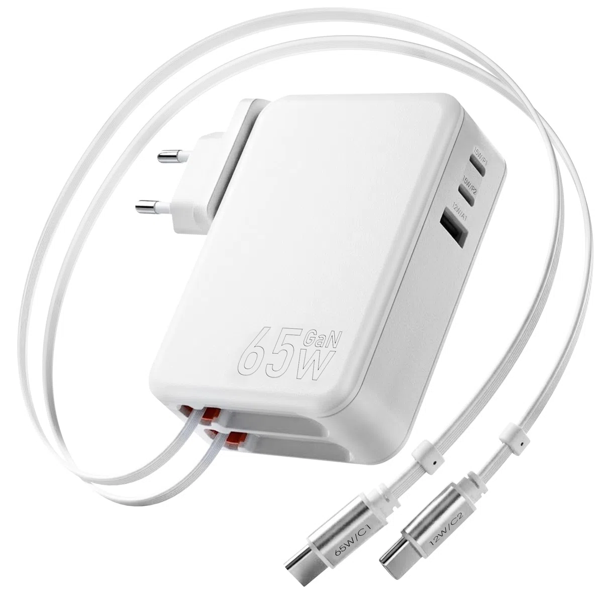 Caricabatterie retrattile 5 in 1 USB C, 65 W, 3 porte, con cavo retrattile, cavo GaN Retratable Charger Dual Type C per MacBook Pro/Air, iPhone 17/16/15, iPad, Galaxy, Pixel
