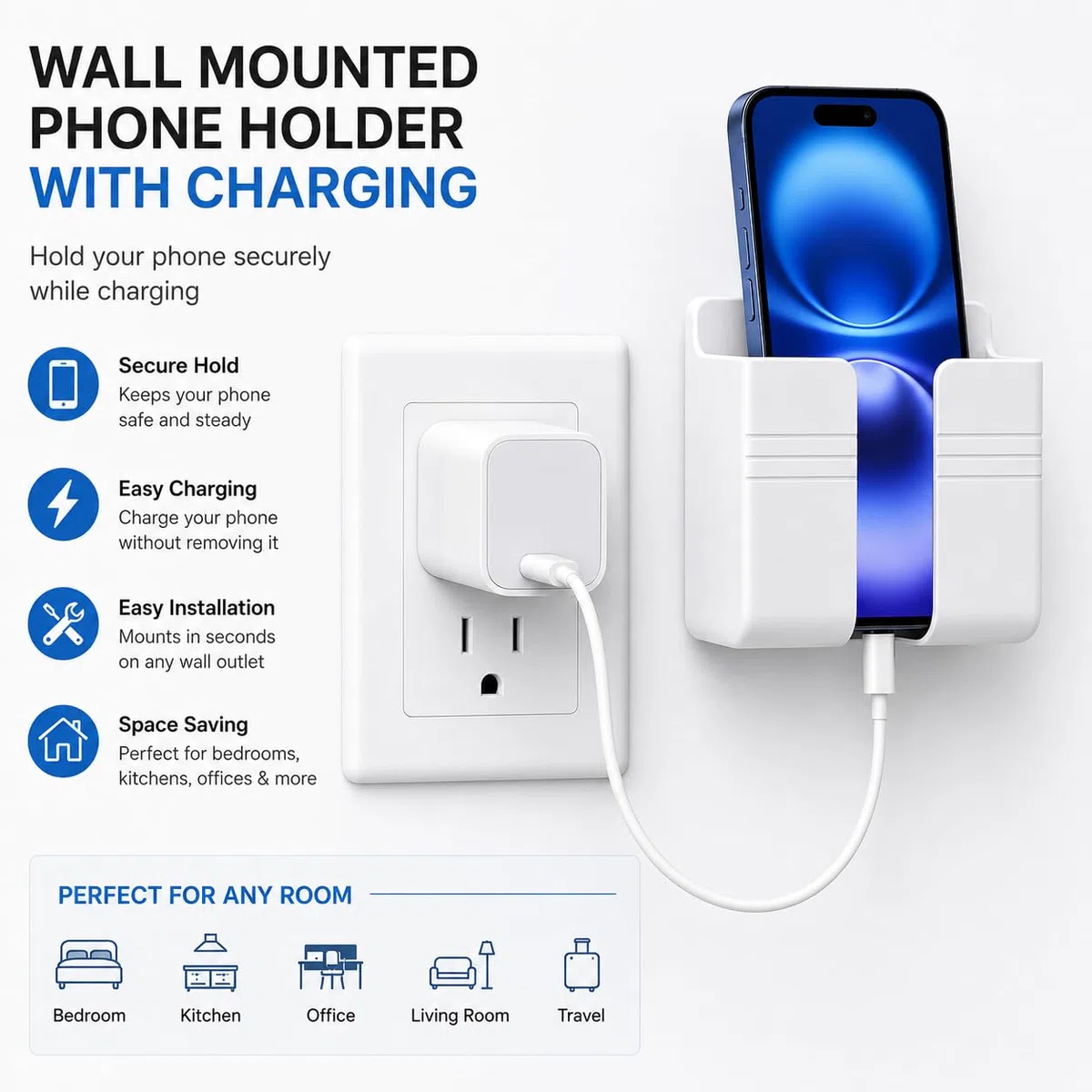 D1 Supporto da parete per telefono, supporto per telefono con adesivo e cavo dati, supporto per doccia, ricarica, camper, compatibile con iPhone, telecomando TV, smartphone e altro (bianco)