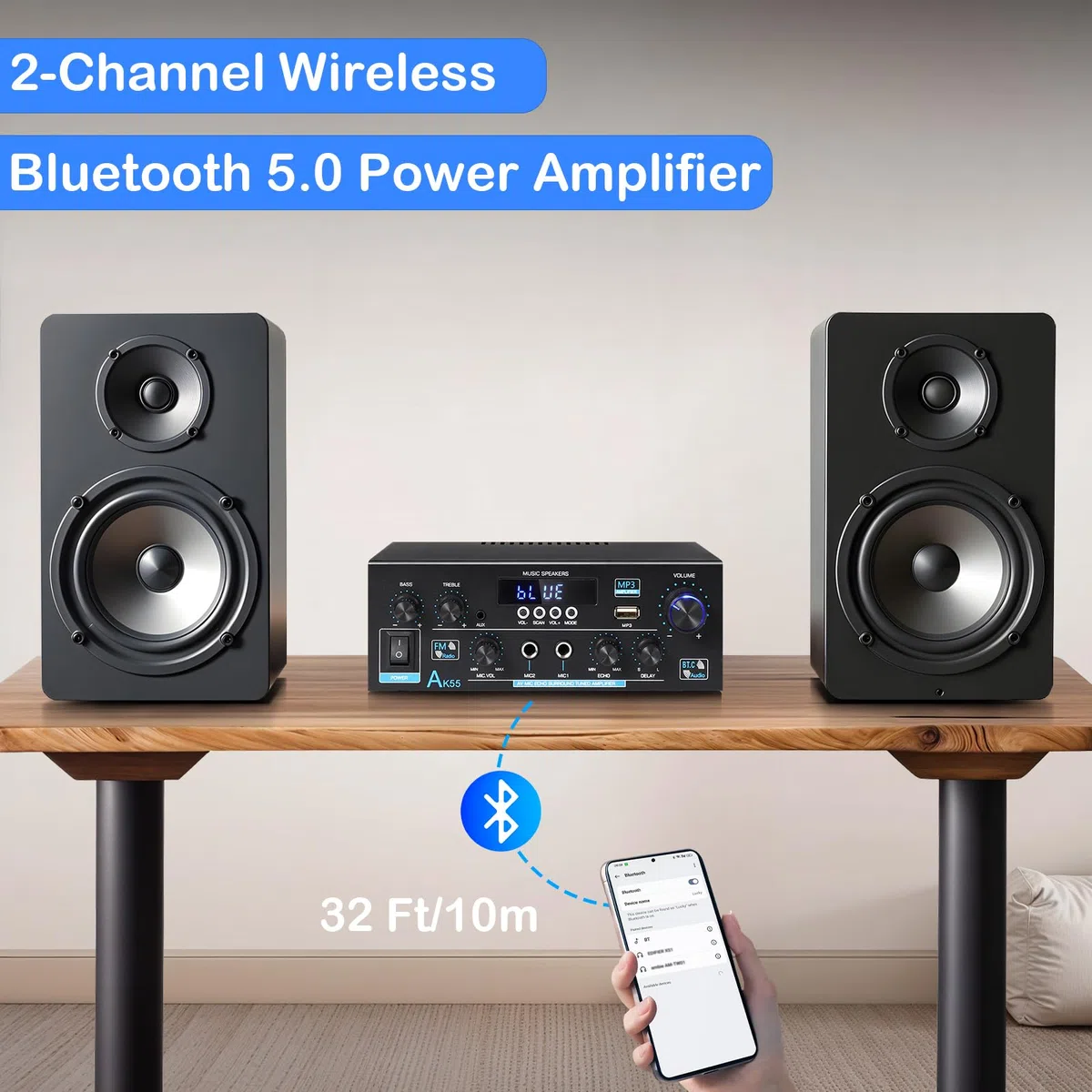 Woopker AK55 Amplificatore Audio Bluetooth 5.0, Amplificatore HiFi Stereo, 70wx2 potenza nominale 2.0 CH Mini Amplificatore Ricevitore Stereo Amp per auto Home Theater, W/2 Mic/SD/RCA/USB/FM Radio