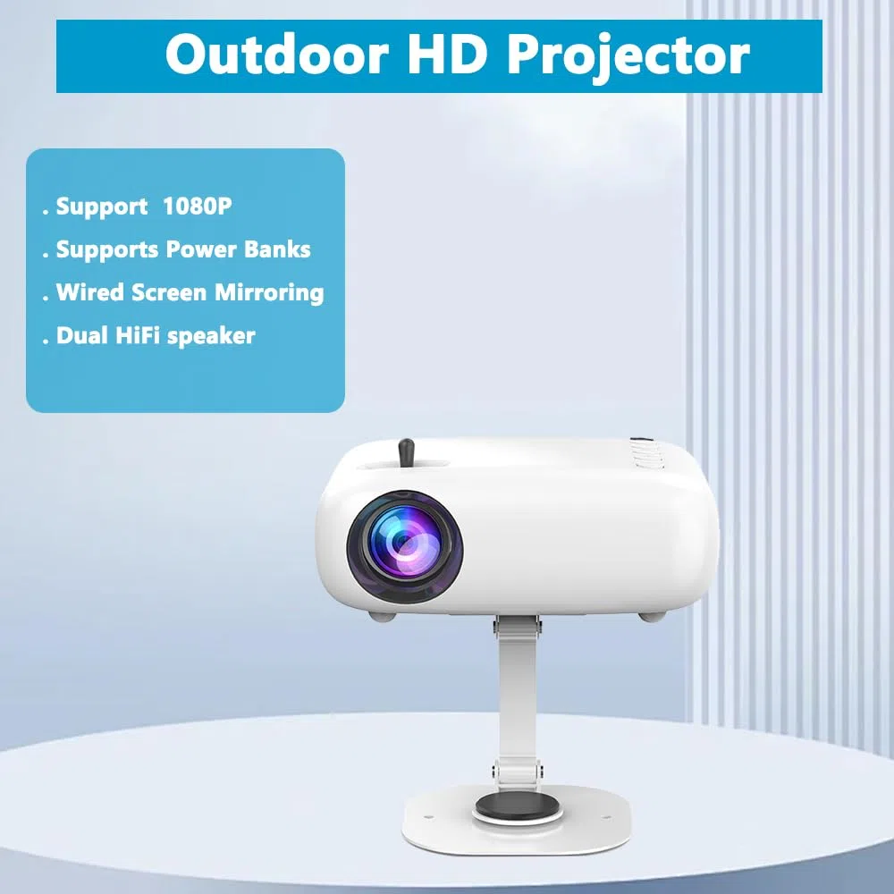 Mini proiettore HD, alimentato da Powerbank, 10000 lumen portatile con treppiede per cinema di viaggio all'aria ultima intervento, compatibile con Android/iOS/Windows/TV Stick/HDMI/USB