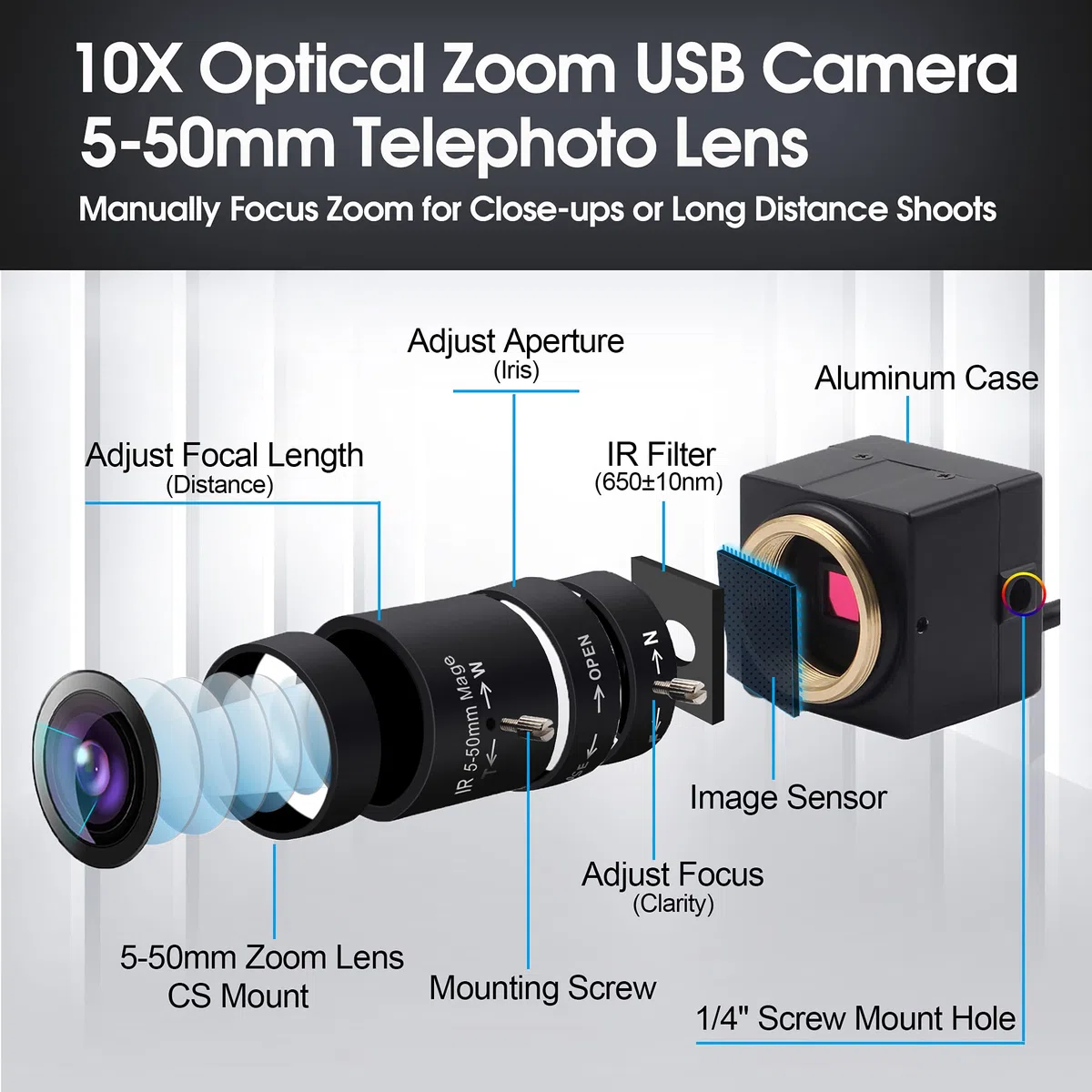 Svpro 4K HD Webcam con obiettivo varifocal 5-50mm, fotocamera USB con zoom ottico 10X con sensore Sony IMX415, fotocamera ad alta definizione 3840x2160@30fps per Windows Linux Andorid MAC OS