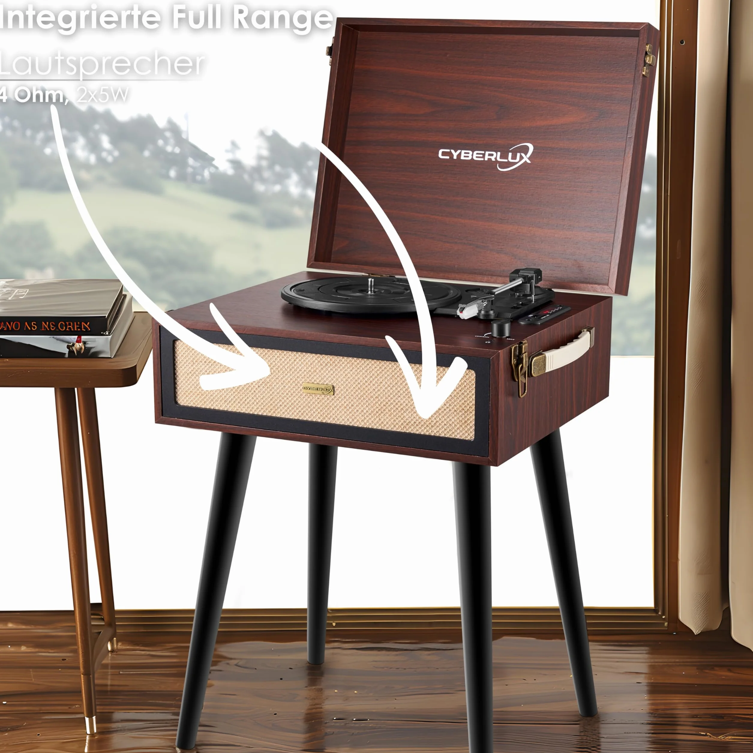 Giradischi con supporto, in stile retrò, con altoparlante Full Range, Bluetooth, radio FM, USB, Line-Out AUX IN Micro SD, slot in vinile, nostalgico, giradischi con piedini