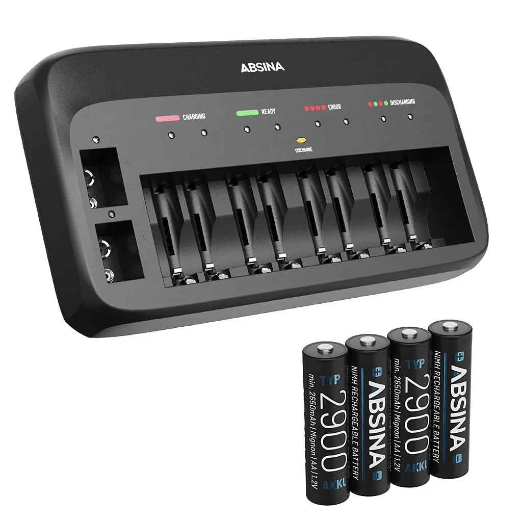 ABSINA Caricabatterie pile ricaricabili AA AAA e 9V + 4x AA 2900 | Caricabatterie NiMH 10 Slot per batterie ricaricabili - Carica pile AAA AA e 9V