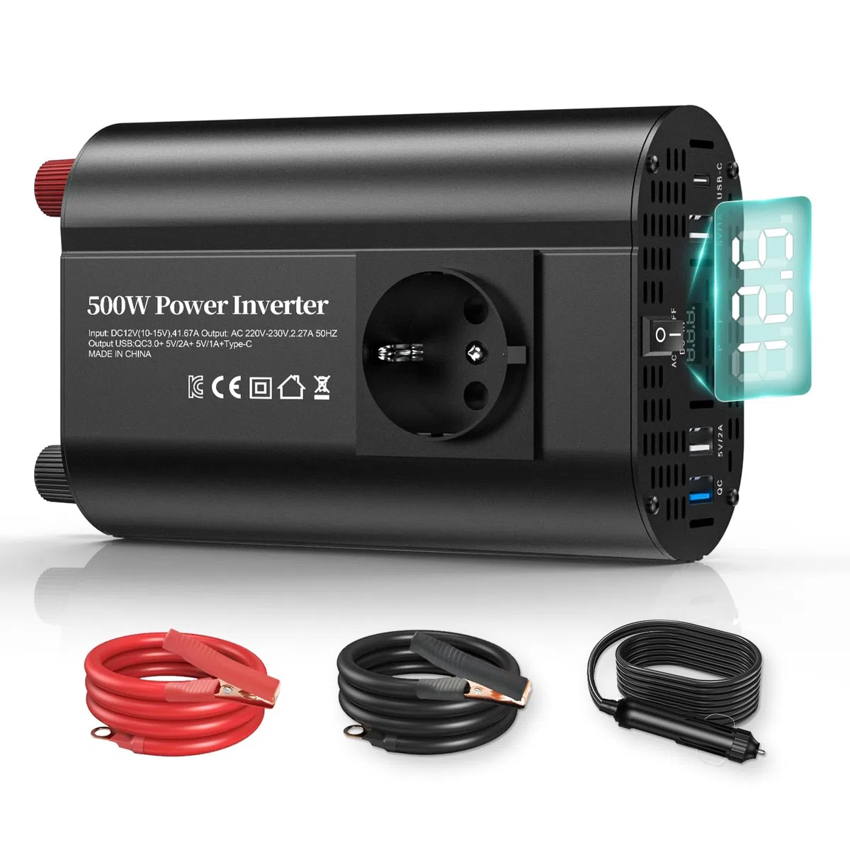 500W inverter 12v 220v, inverter auto con 1 presa, tipo C 30W, ricarica rapida USB 25W, 3 porte USB, display LED