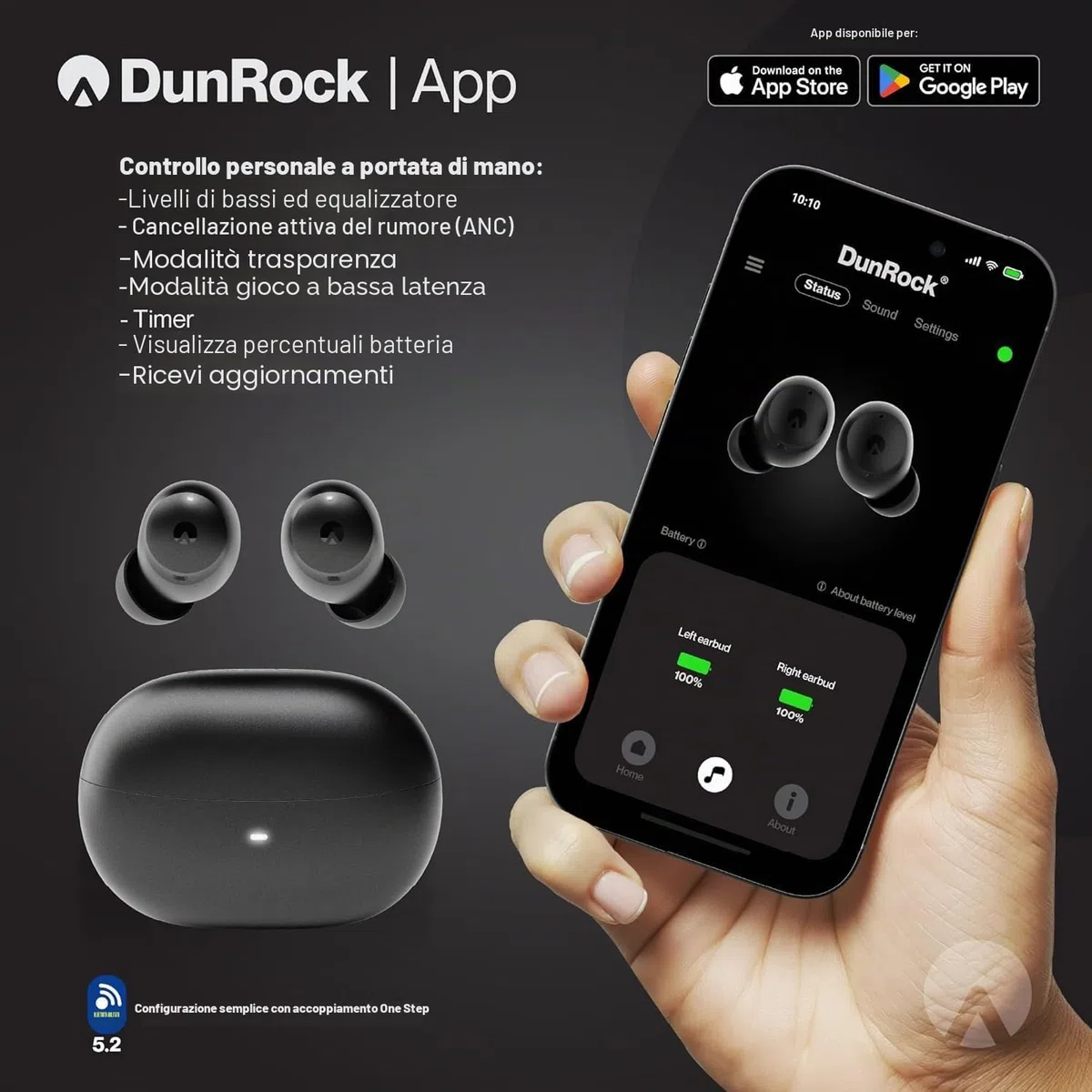 Pop Auricolari In-Ear Bluetooth 5.2 con ANC Ibrido, Modalità Trasparenza, App, 32h Batteria, 6 Microfoni ENC, Touch, USB-C, True Wireless per Chiamate, Sport e Viaggi – Nero