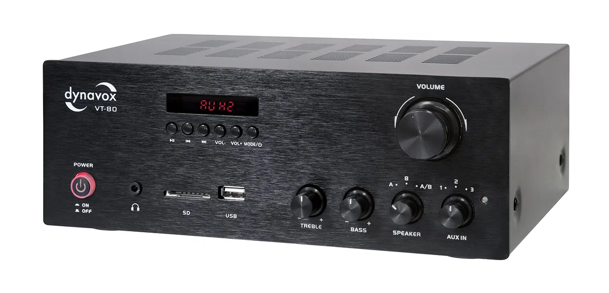 Dynavox VT-80 amplificatore stereo compatto, terminali di connessione a vite per 4 altoparlanti, telecomando solo per ingressi digitali (USB, scheda SD), antenna BT integrata, nero