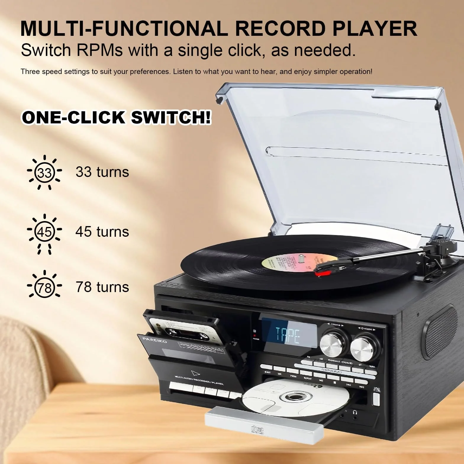 Giradischi vintage giradischi con riproduzione di CD e cassette per gli amanti della musica, stile classico, perfetto per gli appassionati di casa e audio