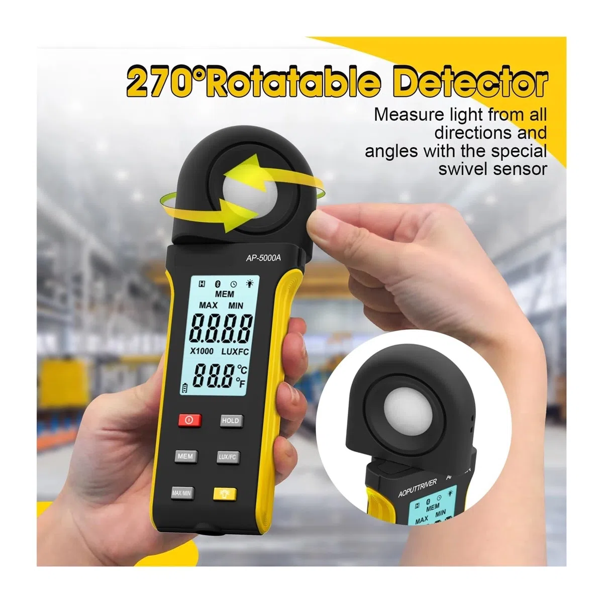 Tester di Luce Digitale Luxmetro Digitale ad Alta precisione -5000A, Ampio intervallo da 1 a 400.000 Lux, Interruttore unità Lux/FC, Registrazione Max/MIN, Display Integrato | Szary