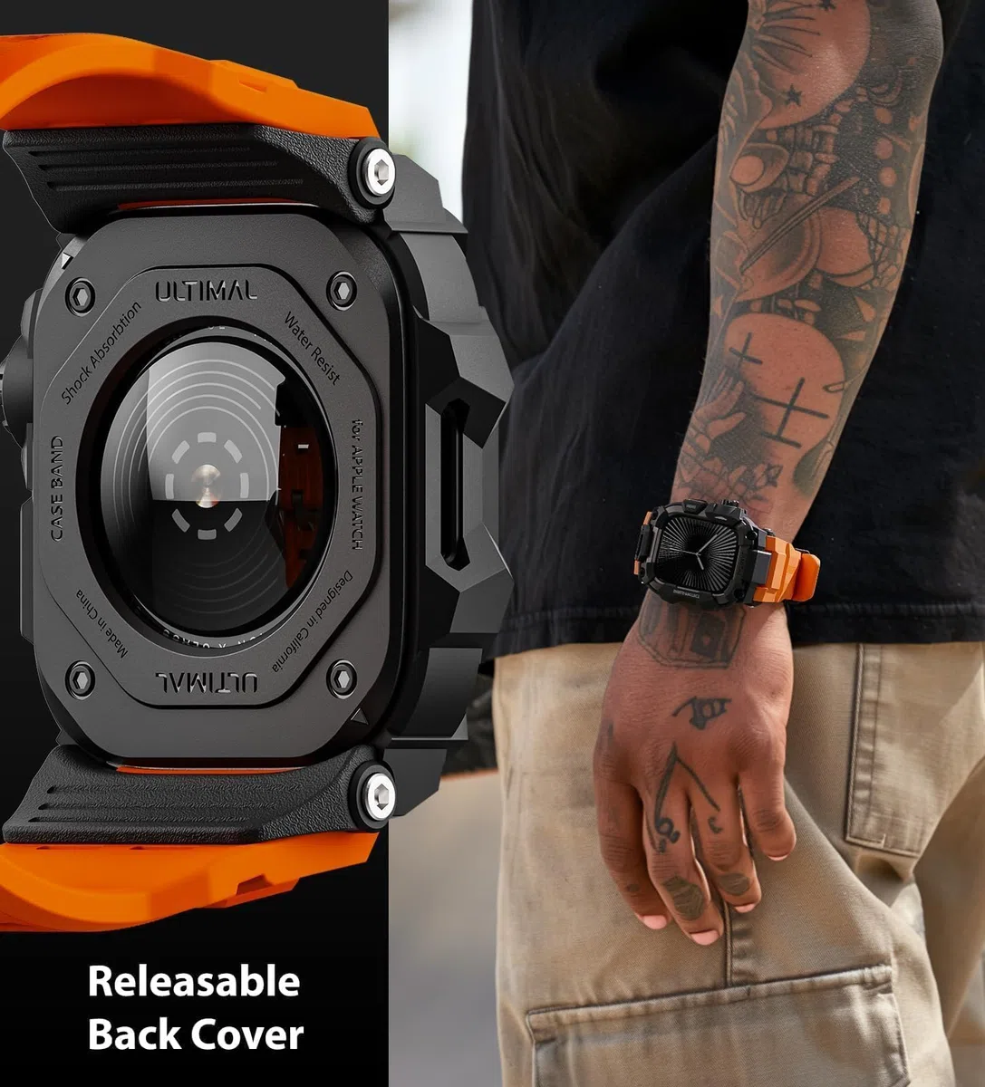 ULTIMAL Custodia robusta con cinturino per Apple Watch da 46 mm, compatibile con Apple Watch Serie 10, di grado militare, antiurto, per cinturino tattico da uomo (46 mm, arancione)