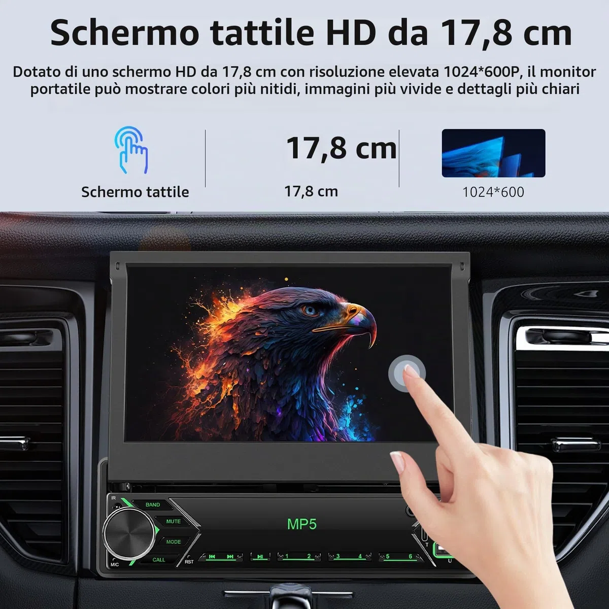 VECHTEL Autoradio 1 Din con wired Carplay Android Auto, Schermo Tattile Pieghevole da 7 Pollici IPS Bluetooth Stereo Auto, Radio FM, Mirror Link, USB, SWC, Mic, Telecamera Posteriore