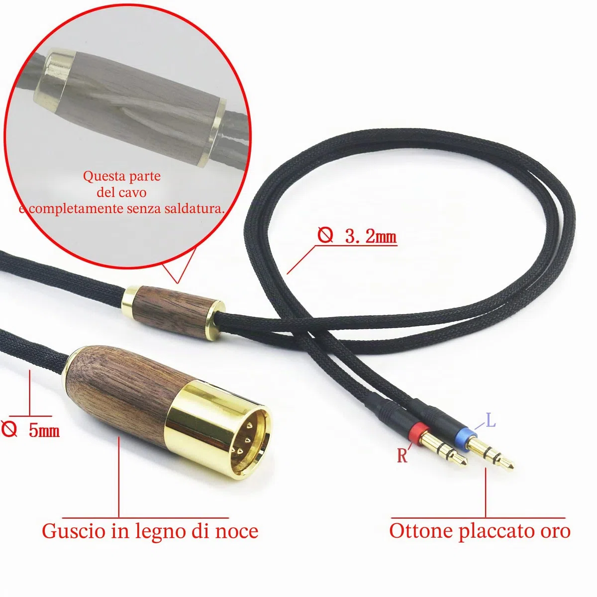 Cavo bilanciato XLR a 4 pin 6N OCC rame placcato argento guscio in legno noce compatibile con cuffie Hifiman Ananda, Sundara, Arya, HE400SE, HE4XX, HE-400i (versione 2 x 3,5 mm) 3 m