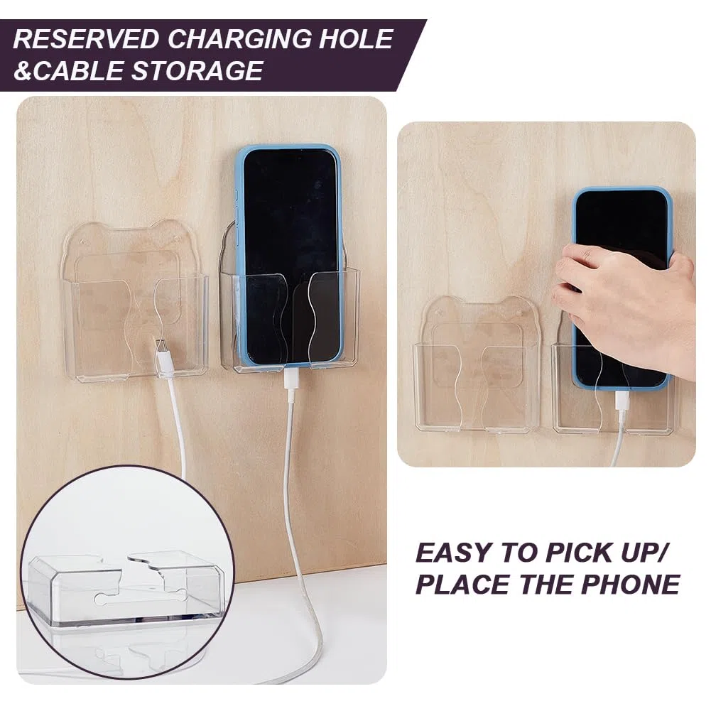 AHANDMAKER 6 pz Supporto per telefono da parete adesivo trasparente con foro di ricarica Supporto per mensola in PET Supporto universale da comodino organizer da cucina per doccia per casa ufficio RV