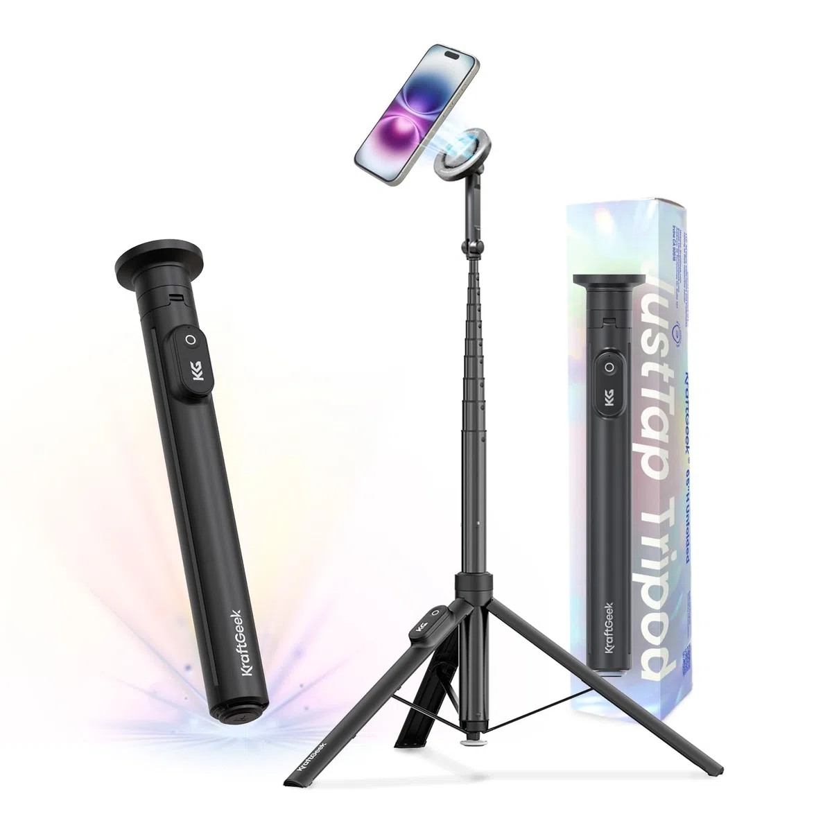 KraftGeek Treppiede magnetico per iPhone MagSafe - 66 '' Selfie Stick automatico con telecomando, treppiede portatile per registrazione video, viaggi, vlogging (nero)