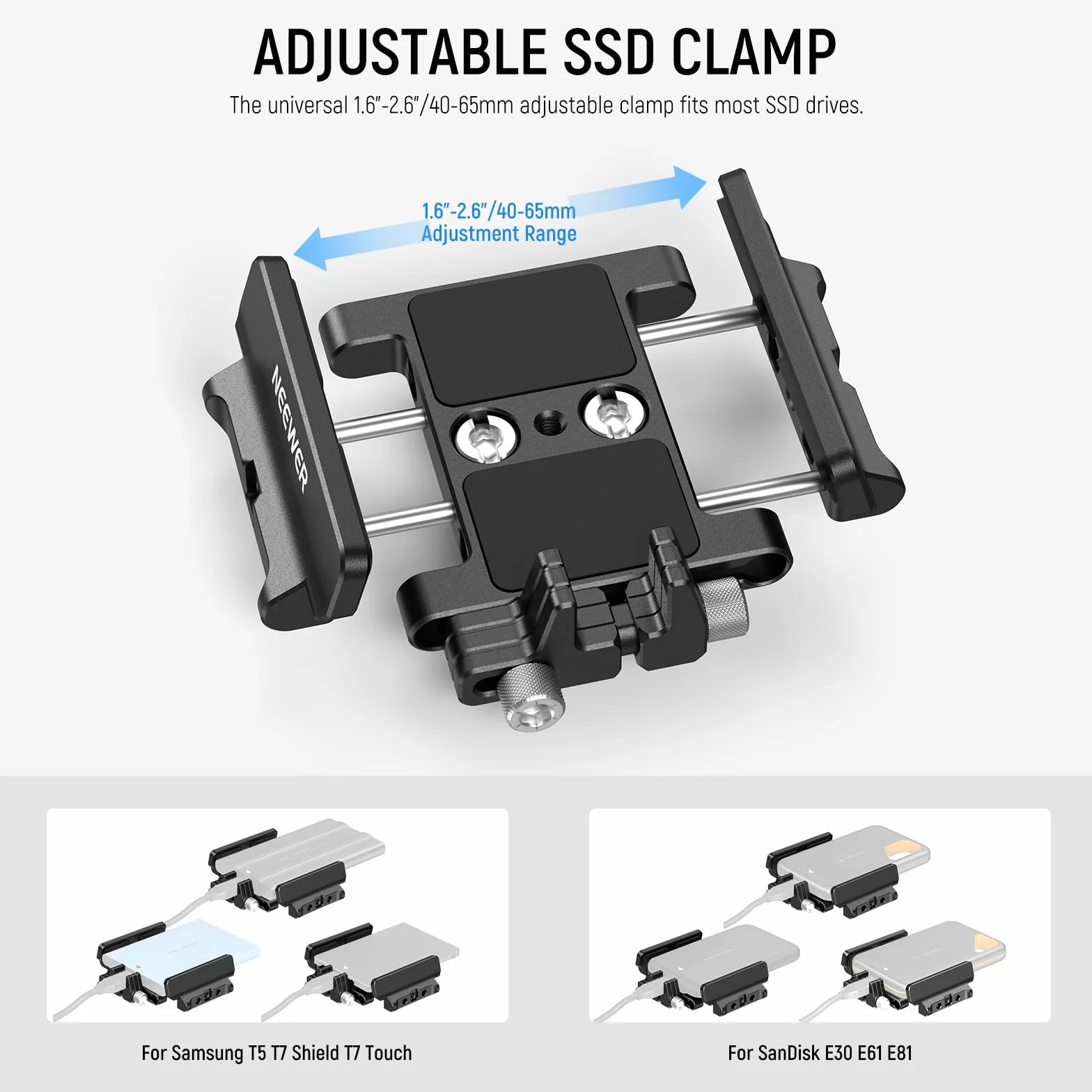NEEWER Supporto SSD Staffa di Montaggio con Coldshoe Clip Cavo, 1,6-2,6" per Samsung T5 T7 SSD SanDisk Compatibile con SmallRig Cage per BMPCC 4K 6K Compatibile con iPhone 15 Pro Max Phone Cage, UA035