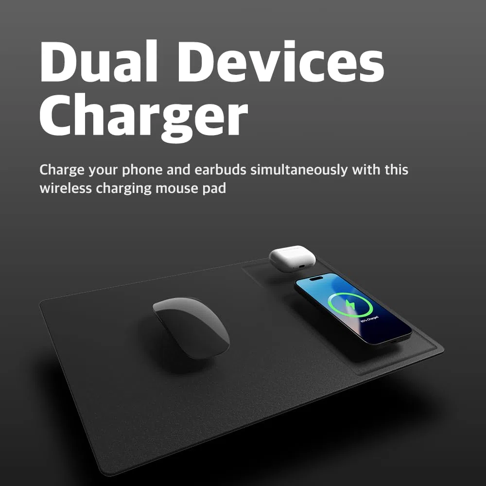 POUT Tappetino per mouse H3 PRO Dual Qi Wireless Charging - Doppio caricabatterie wireless veloce - per MacBook, laptop e scrivania - Ricarica iPhone, Airpods, Samsung Galaxy e altro (nero freddo)