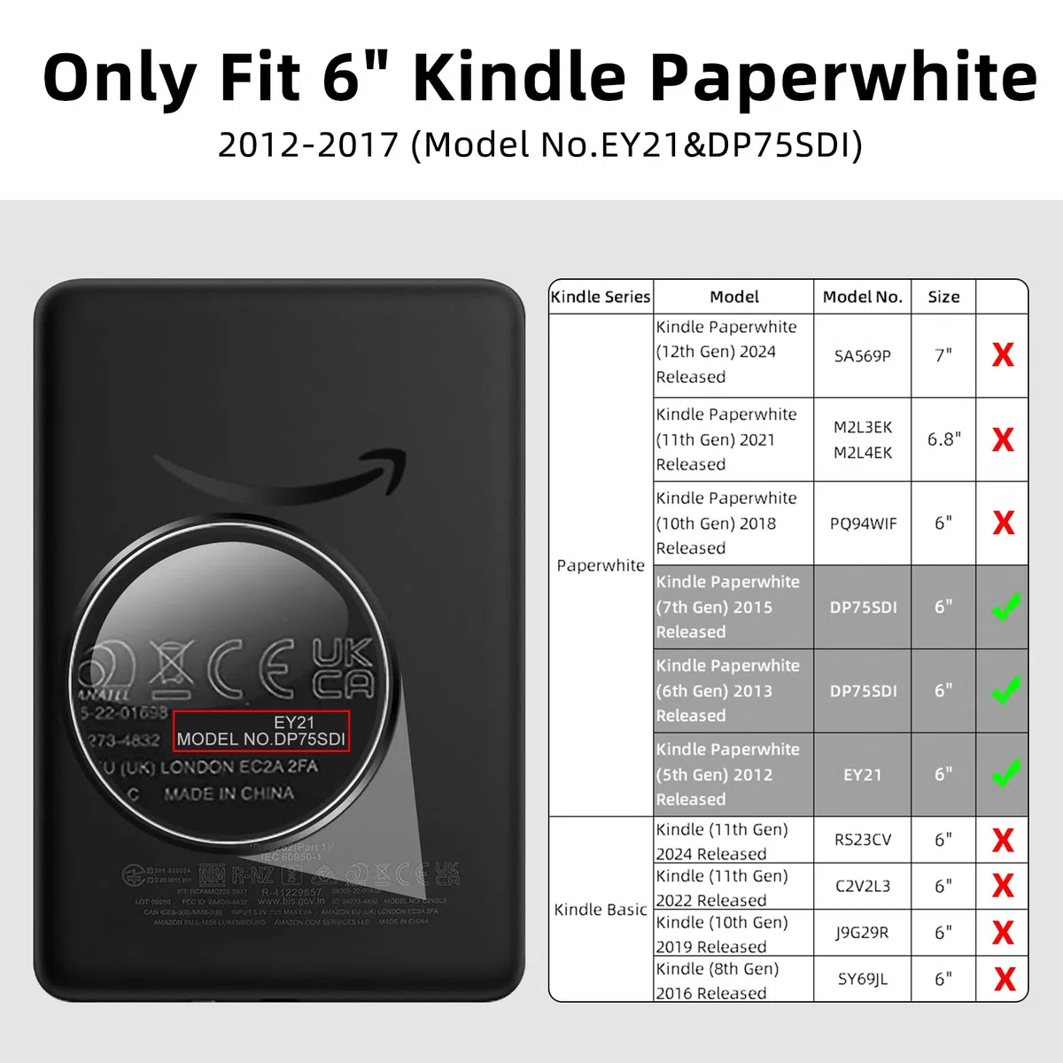 Custodia con cinturino da polso per Kindle Paperwhite da 6 pollici di 5a/6a/7a generazione 2012-2017 (modello n. DP75SDI & EY21), custodia in pelle PU leggera e guscio posteriore rigido