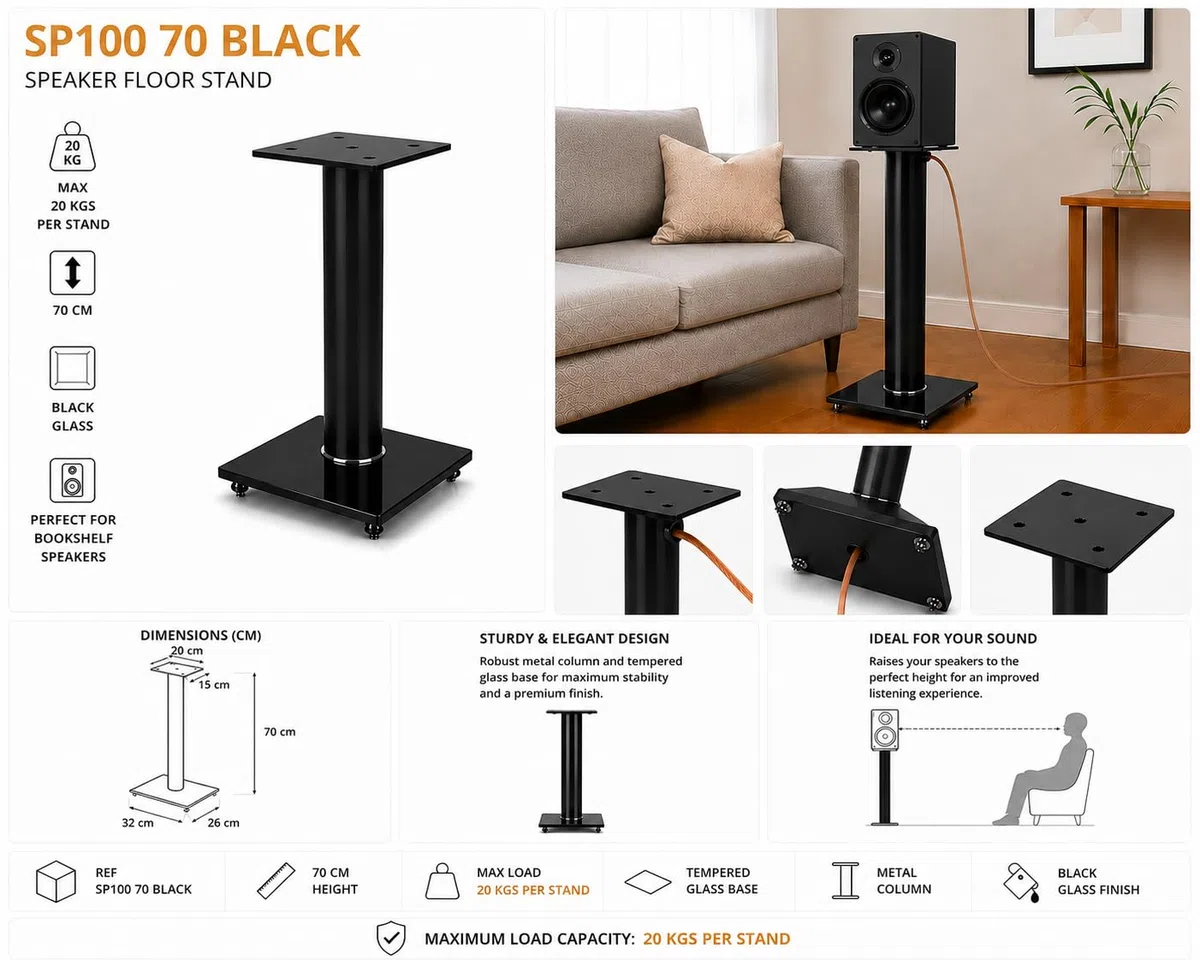 Sonorous SP100-70 Nero – Supporti da Pavimento per Diffusori 70 cm (Coppia) | Alluminio e Vetro Temperato | Fino a 20 kg per Supporto | Gestione Cavi Integrata.
