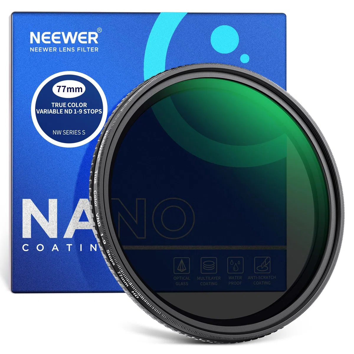 NEEWER 77mm Filtro ND2-400 Variabile True Color, Filtro ND Variabile a Densità Neutra Regolabile con Arresti Duri con Vetro Ottico HD Multistrato/Telaio Alluminio/Idrorepellente/Resistente ai Graffi