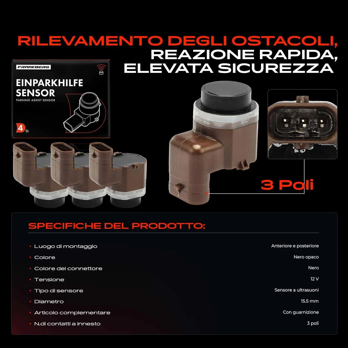 Frankberg 4x Sensori di Parcheggio PDC Compatibile con X3 F25 Serie 5 Touring F11 X3 E83 Serie 5 F10 X5 E70 Replace# 66209270495