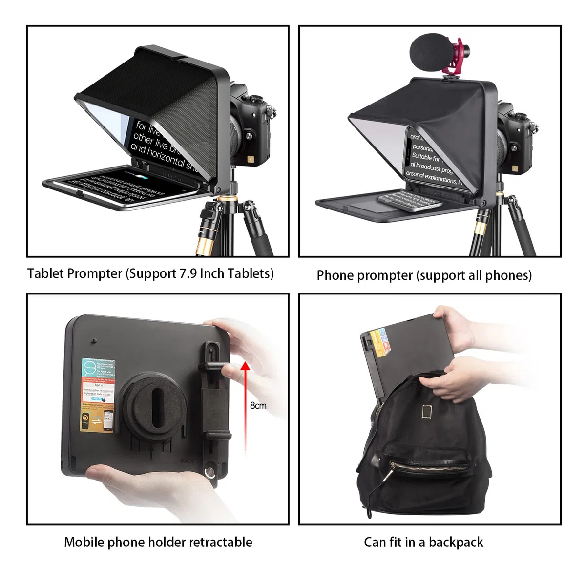 Bewinner Teleprompter con Telecomando, Teleprompter Portatile Pieghevole con Anello Adattatore da 49 Mm, 52 Mm, 58 Mm, 62 Mm, 67 Mm, 72 Mm, 77 Mm per Fotocamera SLR Tablet Smartphone
