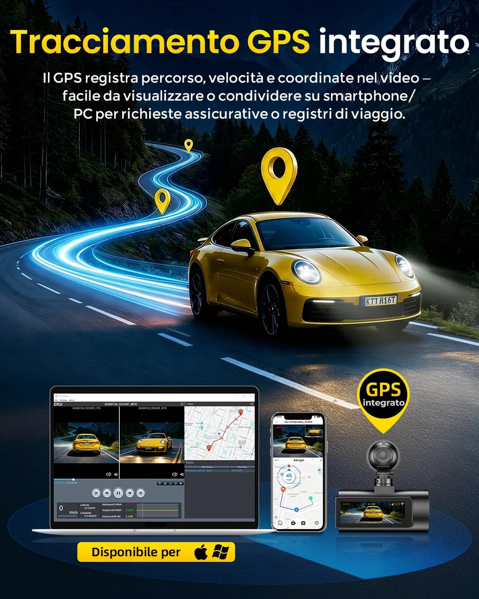 GKU Dashcam Auto Anteriore Posteriore 4K con STARVIS 2, Dash Cam Auto | 3" Schermo IPS, WiFi 6, GPS, registrazione loop, registrazione pre-collisione, supporta 512 GB Max
