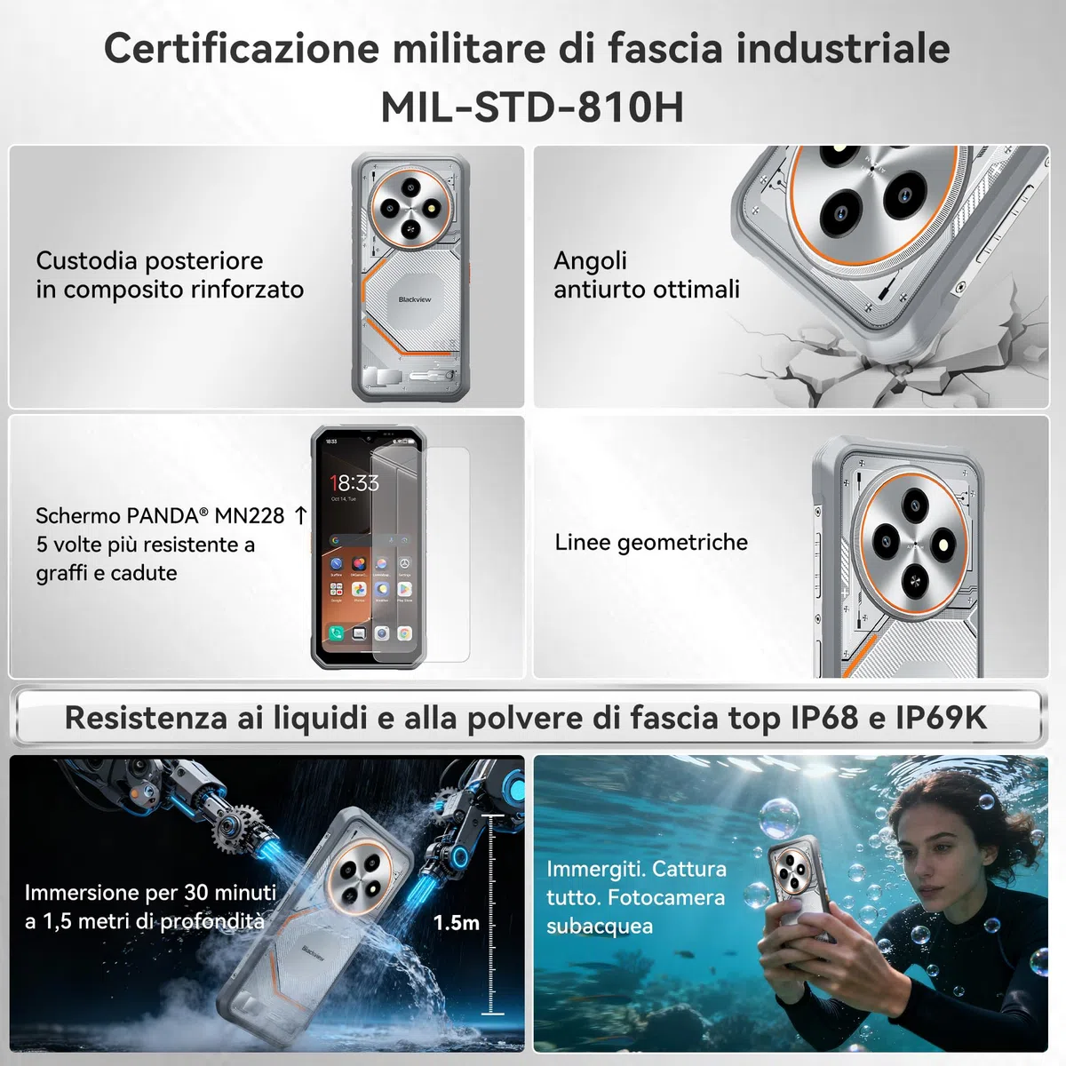 Blackview Rugged Smartphone Android 16, Ultra Sottile 10.7 mm, 24(8+16) GB+128GB/2TB Telefono Indistruttibile, Gemini AI, Display 6,56" HD+, IP69K Impermeabile, 16MP+13MP, 4G/NFC/OTG/3 Anni Garanzia