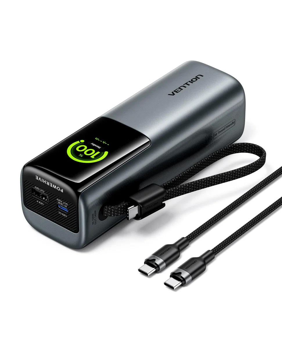VENTION 27000mAh Laptop Powerbank 200W Ricarica Rapida Display Digital & Emoji Animation, Cavo USB-C integrato, 2 x USB-C + USB-A, per iPhone 17/16/15/14/13 Pro Max, MacBook, Dell, HP, Galaxy S24