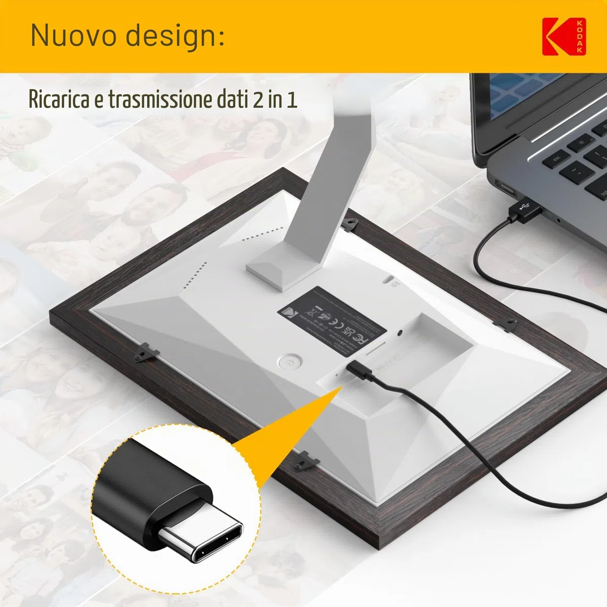 KODAK Cornice Digitale WiFi Cornice Foto Digitale, 7 Pollici HD IPS Touchscreen, Legno Cornici Elettronica con 32GB di Memoria, Portafoto Digitale Condivisione di Foto/Video via APP o Cavo di USB C