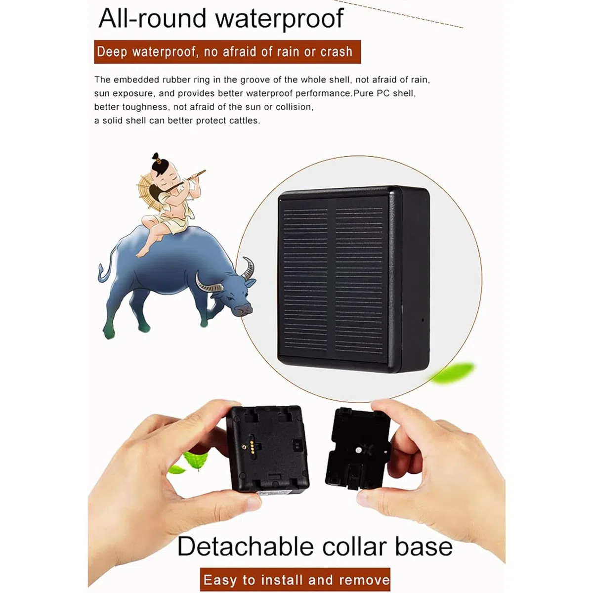 Localizzatore Animali Solare, Mini Localizzatore Animali Luce LED, Riproduzione Traccia/precisione Posizionamento GPS: 5-15 M/precisione Posizionamento WIFI: 15-100 M, Utilizzato Nella Zootecnia
