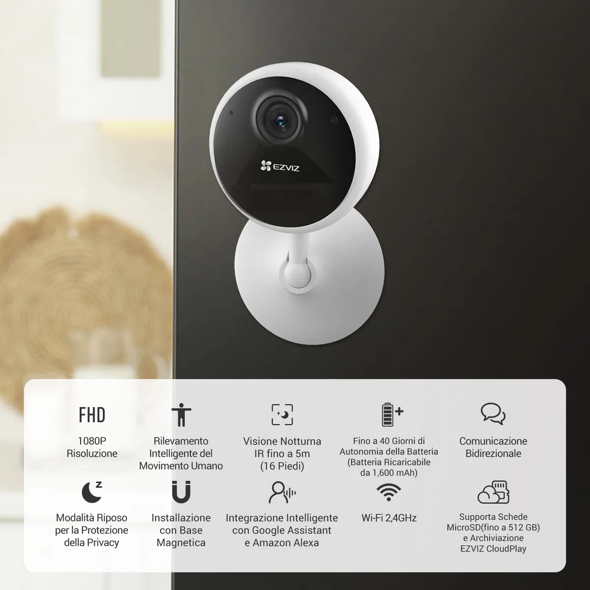 EZVIZ Telecamera di sorveglianza WiFi interna con batteria, Camera di sicurezza IP 1080P, Rilevamento di persone, Audio bidirezionale, Supporto di schede fino a 512GB, Compatibile con Alexa, CB1
