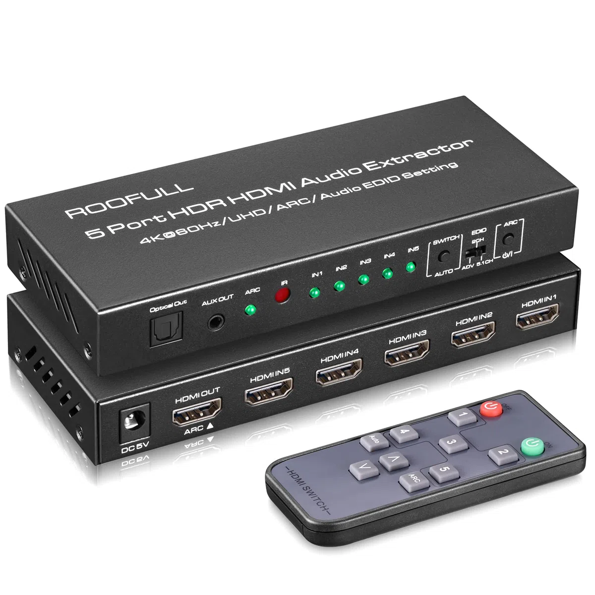 ROOFULL Commutatore HDMI 4K a 5 porte con uscita audio ottica e AUX da 3,5 mm, uscita 5 in 1 4K a 60 Hz, estrattore audio HDMI 2.0 con telecomando, supporto ARC, HDR 10, HDCP 2.2, 18 Gbps, Dolby