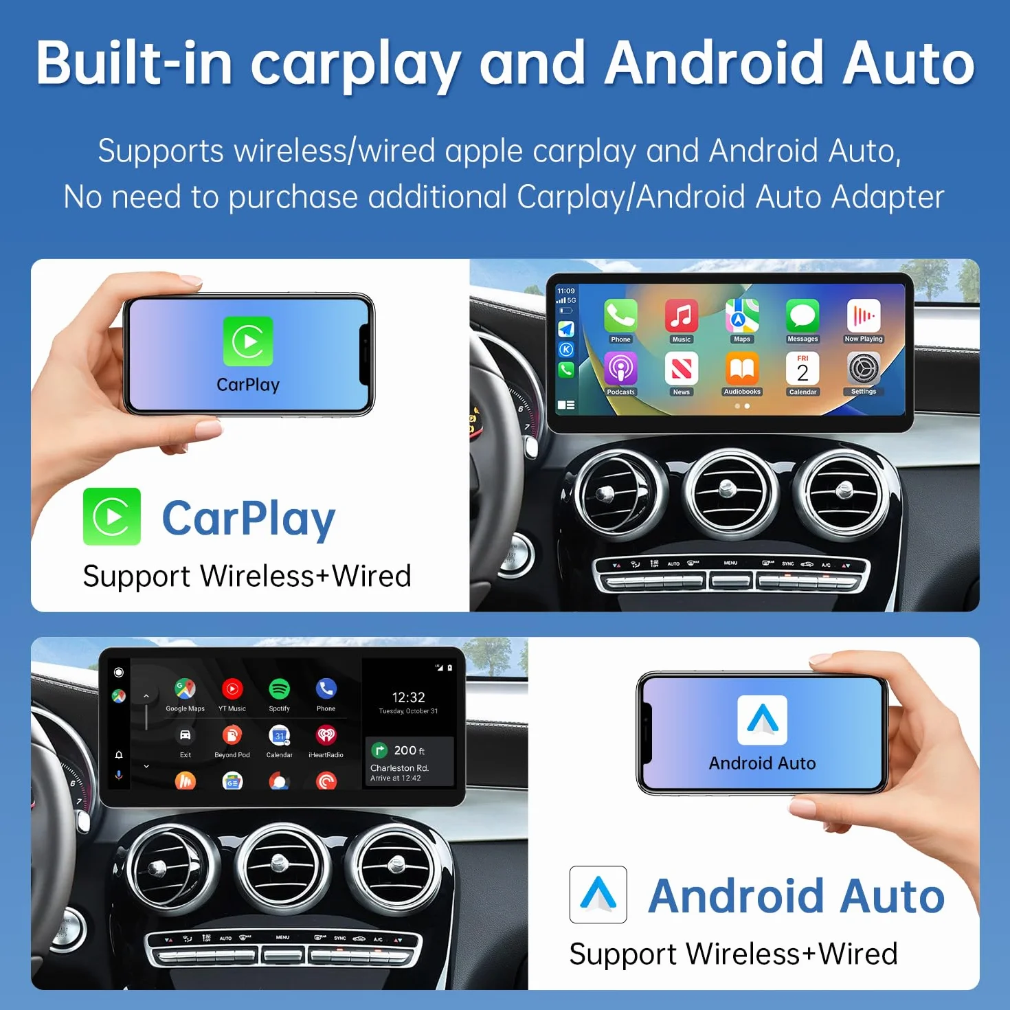 Road Top Autoradio CarPlay 12,3" per Mercedes Benz C GLC V W205 con NTG5 | 2015-2018, Schermo Touchscreen ultrasottile Linux HD IPS, CarPlay senza fili, Android Auto, MirrorLink, Autoradio Bluetooth