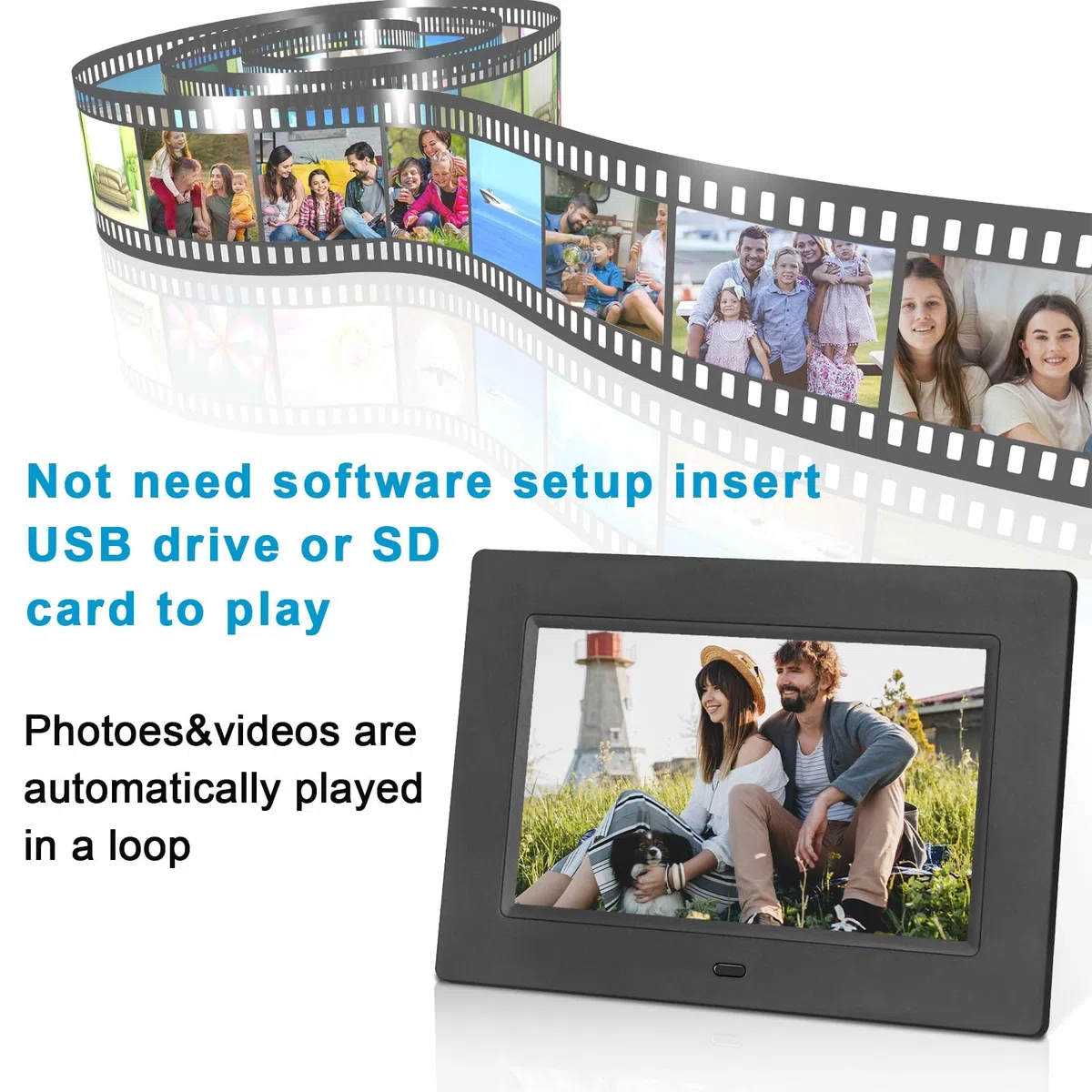 Cornice per foto digitale, 7 pollici, display IPS completo, cornice elettronica, video, riproduzione musicale, calendario, sveglia, con telecomando, slot per schede USB/SD (non WiFi)