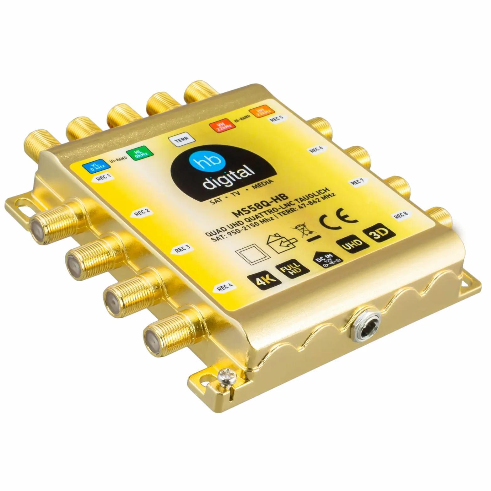 HB-DIGITAL DVB-S/S2 Multiswitch 5/8 + Quattro LNB UHD 414 W bianco + 24 connettori F dorati | Multiswitch per 1 SAT, 8 partecipanti | Quad | incl. alimentatore di rete | MS58Q-HB | FullHD 4K UHD