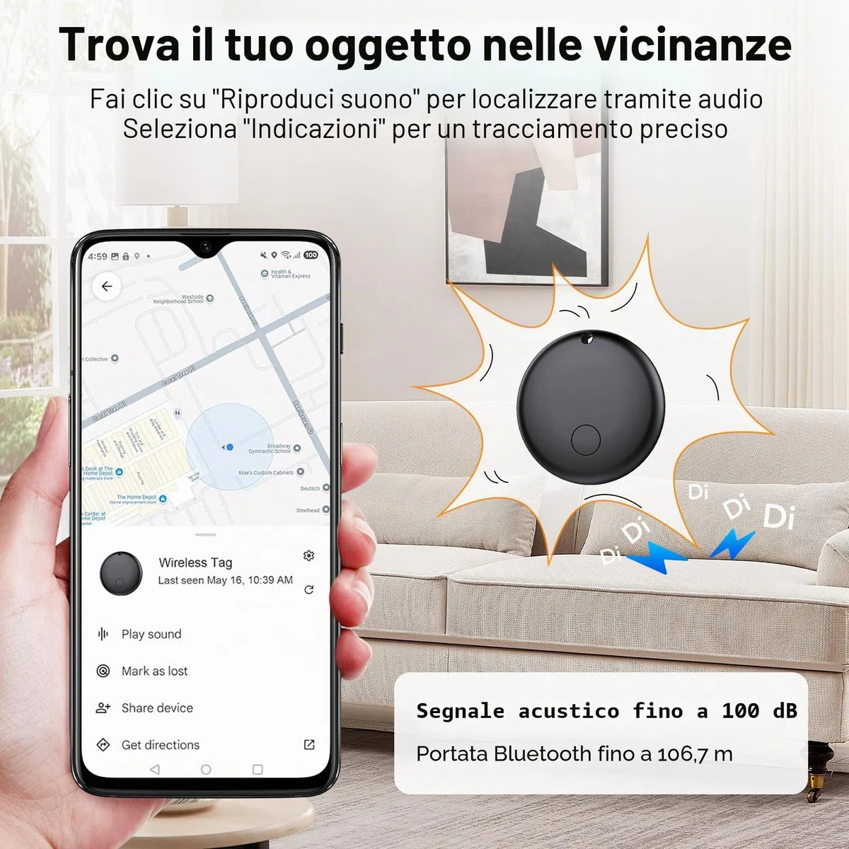 Android Smart Tag, Tracker con Google's Find Hub (Solo Android), IP68 Impermeabile, Bluetooth Localizzatore con Custodia Protettiva, Trova Oggetti per Chiavi/Bagagli/Portafogli, 4 Nero