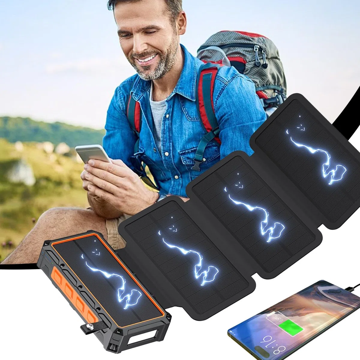 Power Bank Solare Integrata Luce LED Elettronico Wireless | Power Bank A Manovella Per Casa, Escursioni, Campeggio, Pesca, Uomo, Donna, Ragazzi, , Giovani