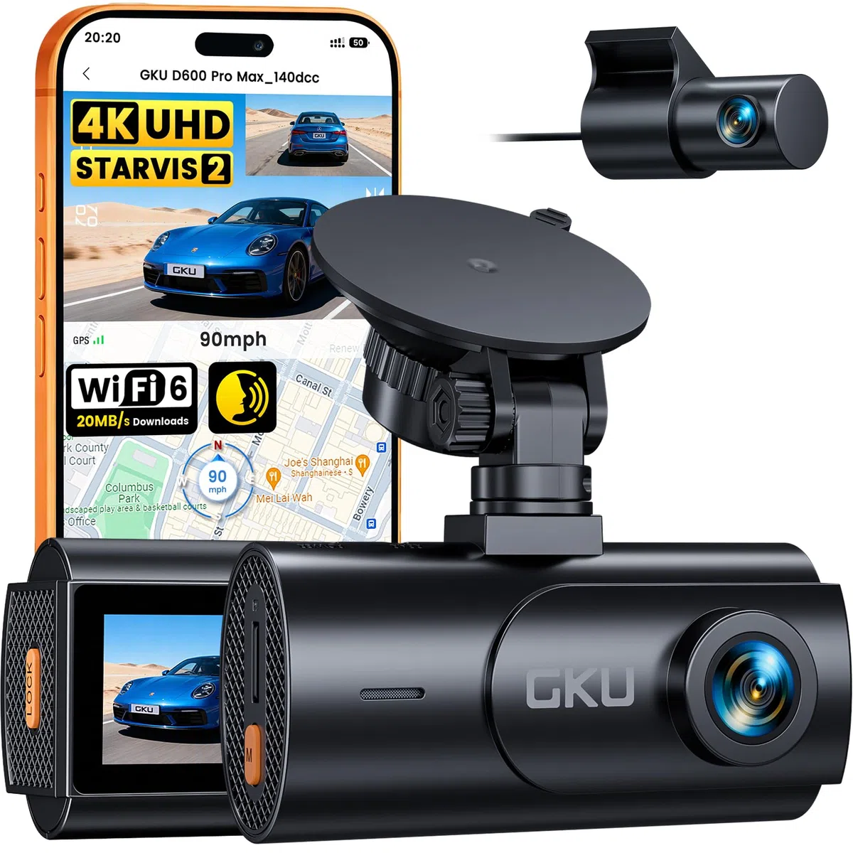 GKU Dashcam Auto Anteriore Posteriore 4K con STARVIS 2, Dash Cam Auto | 3" Schermo IPS, WiFi 6, GPS, registrazione loop, registrazione pre-collisione, supporta 512 GB Max