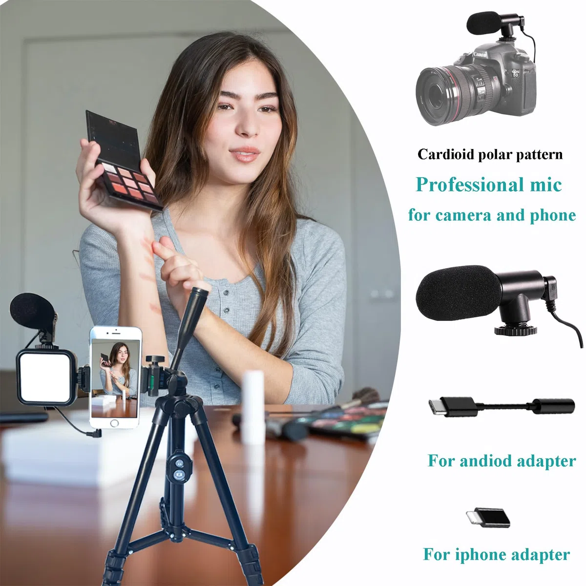 Kit di vlogging per iPhone, kit di vlogging per telefono Android, YouTube Starter Kit con due treppiedi luce microfono telecomando e adattatore jack
