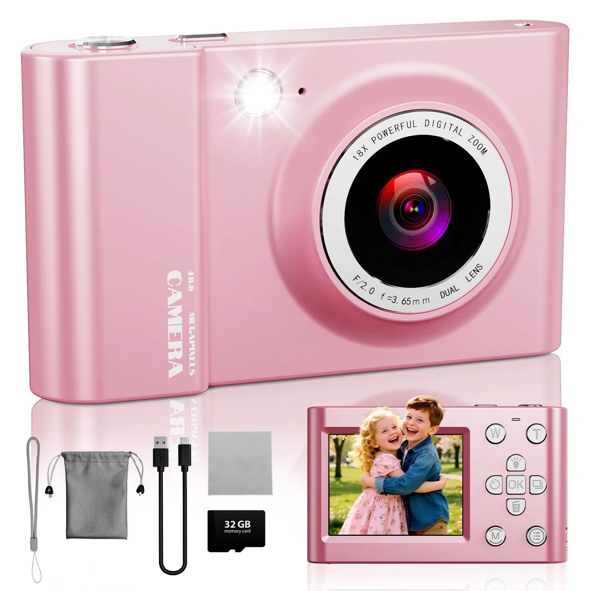 CHAKEYAKE Fotocamera Digitale, 4K 64MP Fotocamera con Zoom Digitale 18X, Schermo LCD Da 2,4", Autofocus, Scheda 32 GB, Filtri, Fotocamera Portatile per Bambini, Adolescenti, Vlogger Principianti, Rosa