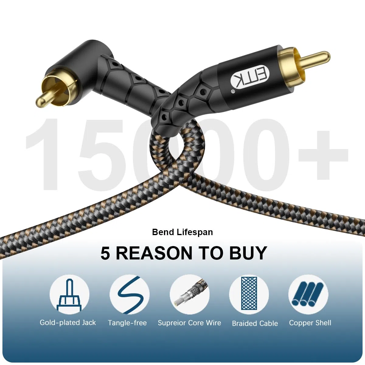 EMK Cavo subwoofer RCA a 90 gradi, connettore placcato oro 24 K, in nylon intrecciato, doppia schermatura, supporta segnali digitali e analogici per amplificatore, home theater, sistema Hi-Fi