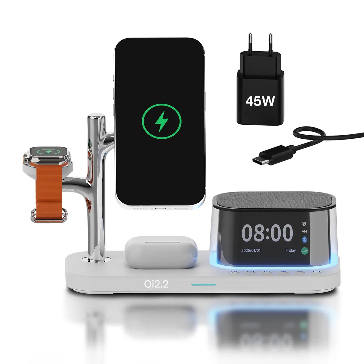 Caricatore Wireless Magnetica 5 in 1 con Sveglia, Altoparlante Bluetooth e Luce Notturna LED per MagSafe di MMOBIEL – Stazione Ricarica Qi2.2 25W per iPhone, per Apple Watch e per AirPods – Bianco