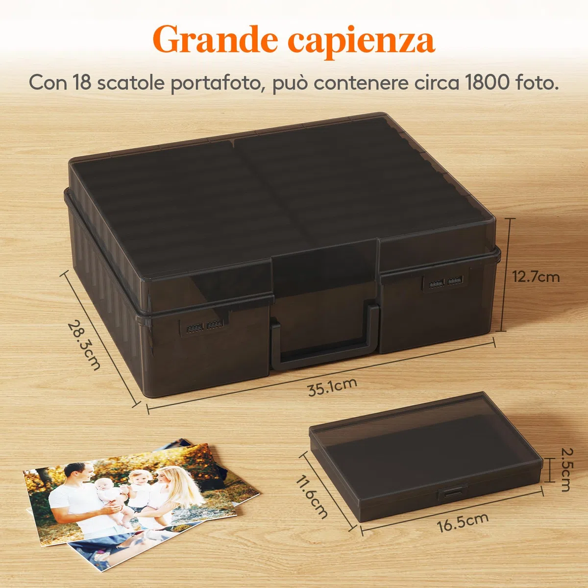 Lifewit Scatola Portafoto 10 x 15 cm, 4R 18 Scomparti Scatola Foto Interna, Organizer Foto con Manico, Scatola Portaoggetti Plastica per Semi, Cartoline, Artigianato, Adesivi, Nero, 1 Pezzi
