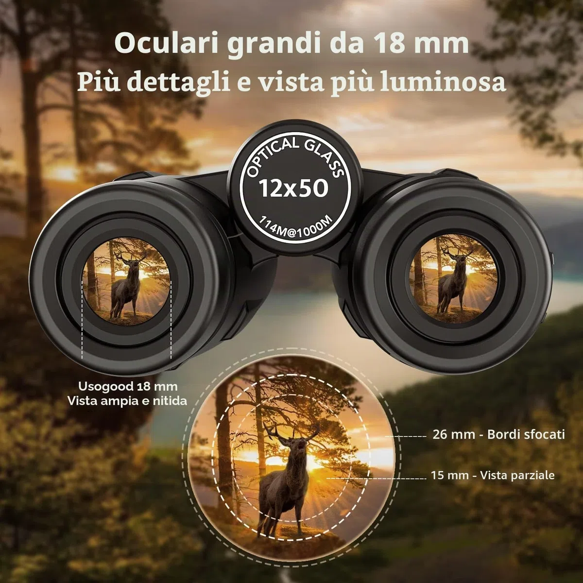 Usogood Professional 12 x 50 Binocolo per Adulti- Prismi BaK4 e Lente FMC, Potente Binocolo per Birdwatching, Caccia, Escursionismo con Adattatore per Treppiede