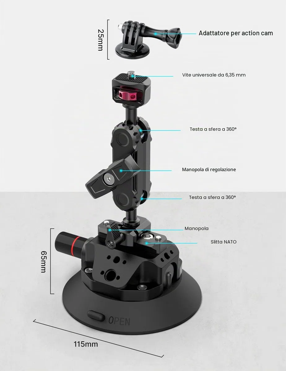 ULANZI SC-02 4,5" Supporto a ventosa per GoPro, supporto a ventosa con pompa e braccio magico NOTA a sgancio rapido, supporto da auto per Insta360, DJI Osmo Action