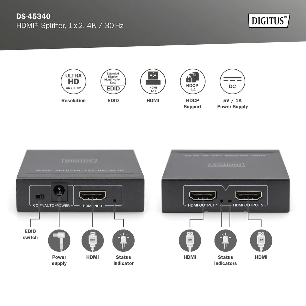 Digitus DS-45340 Splitter HDMI 1x2 - Ingresso: 1 porta/Uscita: 2 porte - UHD 4K/30 Hz - HDCP 1.4 e HDMI 1.4b - Deep Colour, EDID switch, protezione ESD