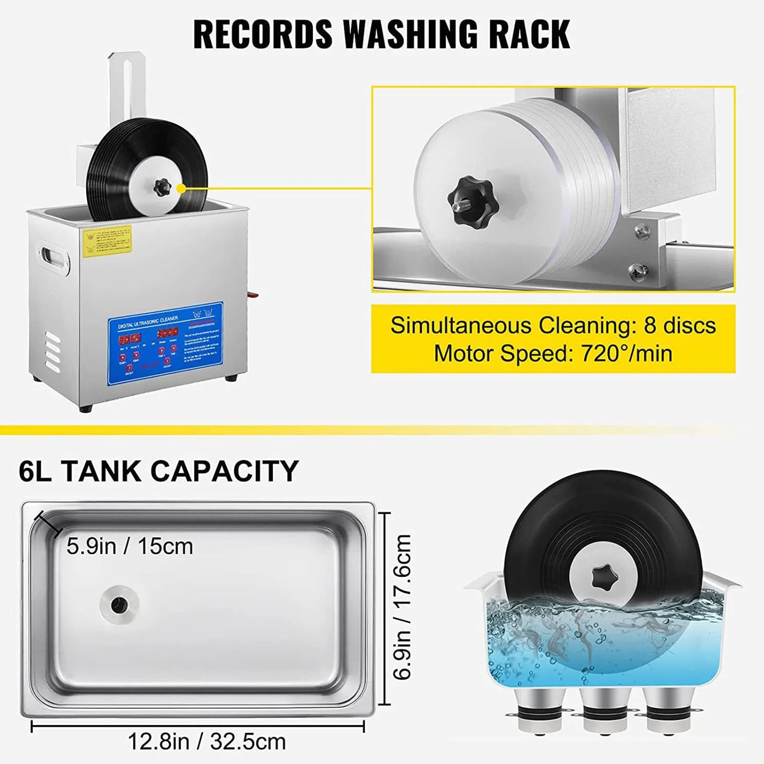Macchina per la pulizia di dischi in vinile ad ultrasuoni, pulizia a doppia faccia con rotazione automatica, potenza 180 W, timer 30 min per manutenzione professionale LP