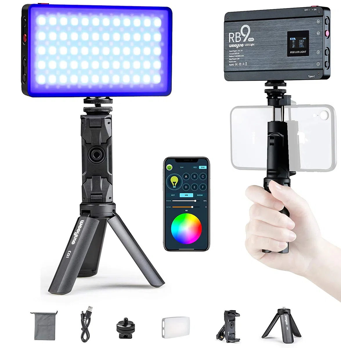 Weeylite RB9 LED Luce Video con batteria integrata,360 ° Pieno di colori,Dimmerabile 2500K-8500K,APP Controllo,Portatile Luce della Fotocamera Pannello per YouTube Vlogging Selfie Conférence