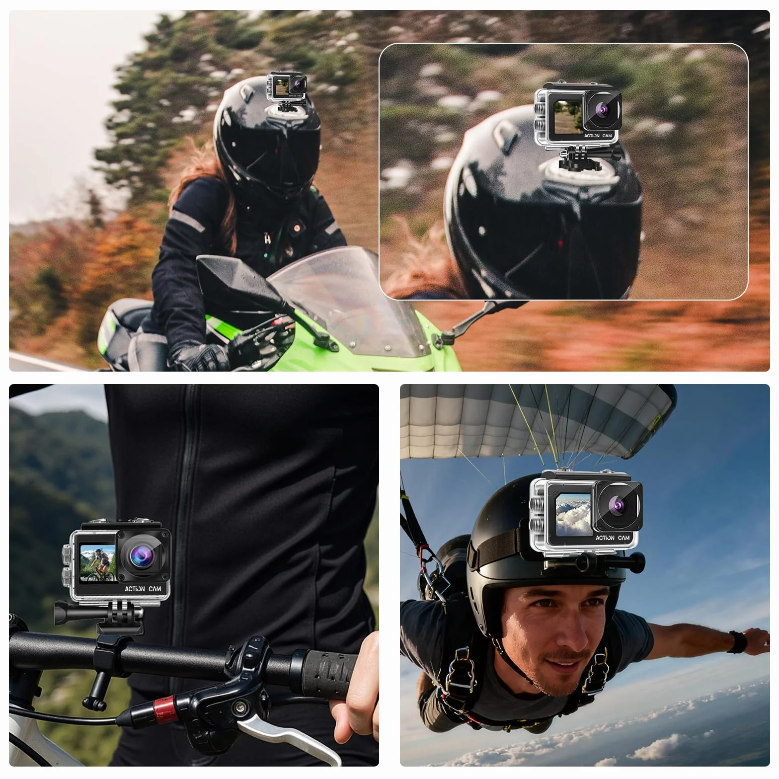 Dual Screen Action Cam FHD 1080P, fotocamera subacquea impermeabile fino a 40 m, action camera con 2 batterie ricaricabili da 1050 mAh e set di accessori