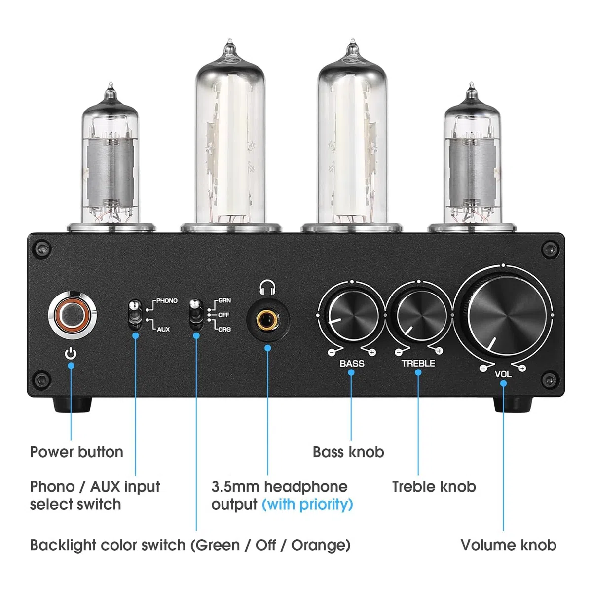 Preamplificatore Phono a Valvole, Preamplificatore per Giradischi/Lettore MM, con Gain Gear, Manopola di Controllo del Volume, Uscita Stereo L/R/RCA/Jack da 3,5 Mm