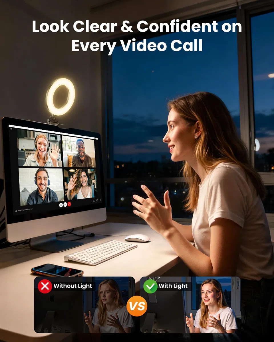 Luce ad anello con clip per computer portatile, illuminazione per videoconferenza, luce per webcam zoom per riunioni, monitor PC, MacBook/iMac/Trucco